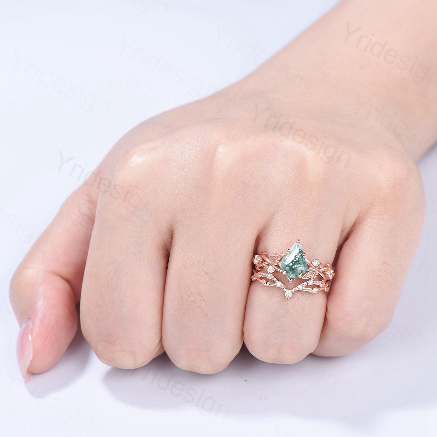 1.5 Carat Kite Cut Natural Moss Agate Engagement Ring Set Leaf Vine Green Agate Diamond Wedding Set Nature Inspired Anniversary Ring Women