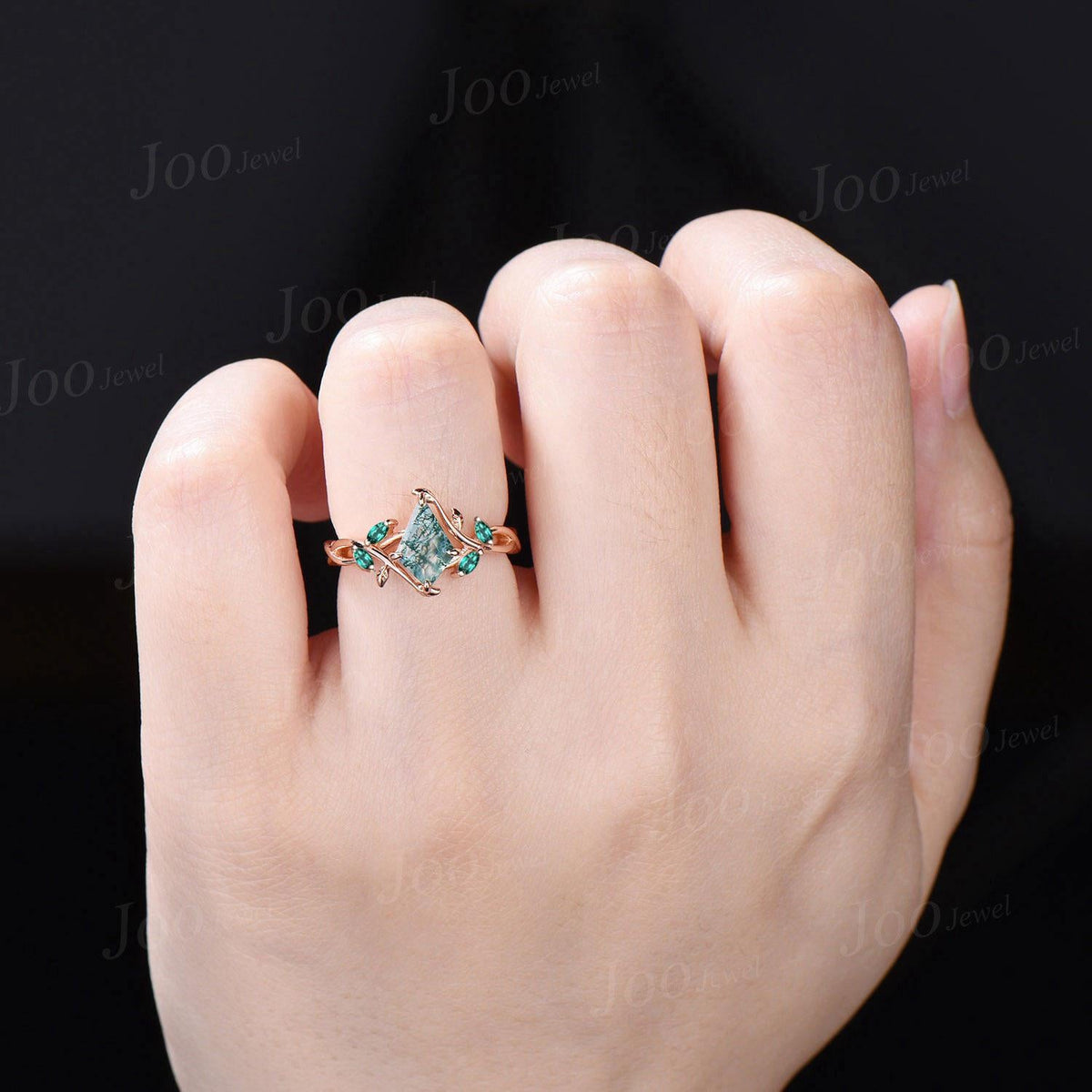 1ct Kite Natural Moss Agate Ring | Infinity Leaf Emerald Ring | Twisted Vine Moss Agate Engagement Ring for Women | Nature Wedding Jewelry