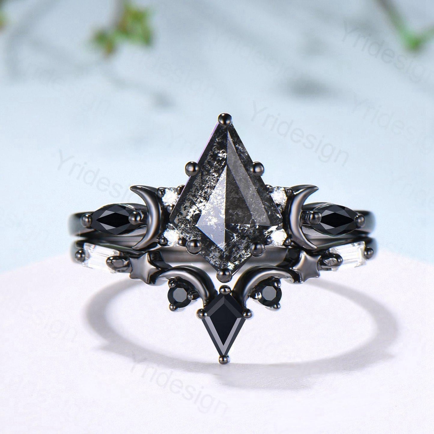 Unique kite cut salt and pepper diamond engagement ring set black gold moon and star bridal wedding set handmade anniversary promise gifts