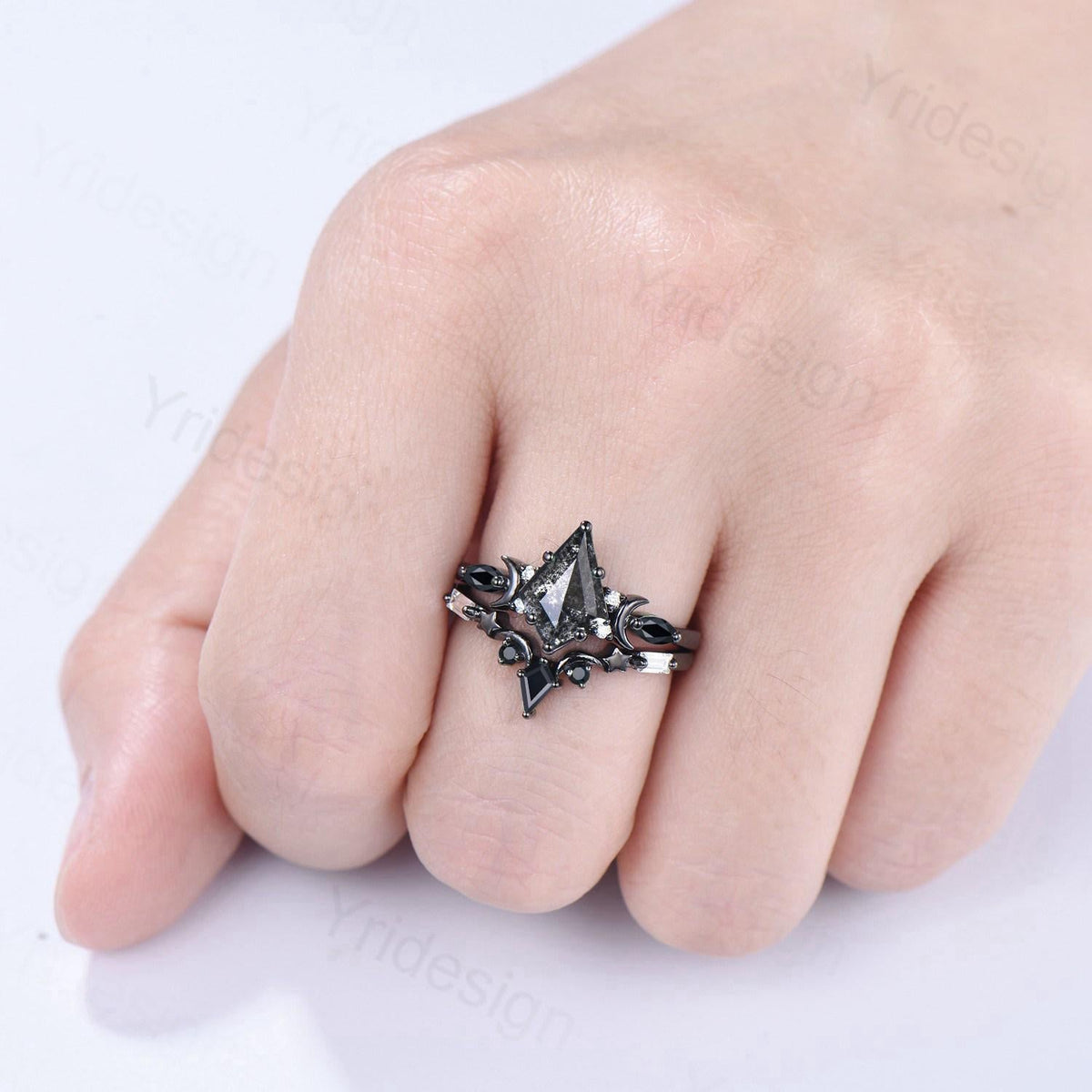 Unique kite cut salt and pepper diamond engagement ring set black gold moon and star bridal wedding set handmade anniversary promise gifts