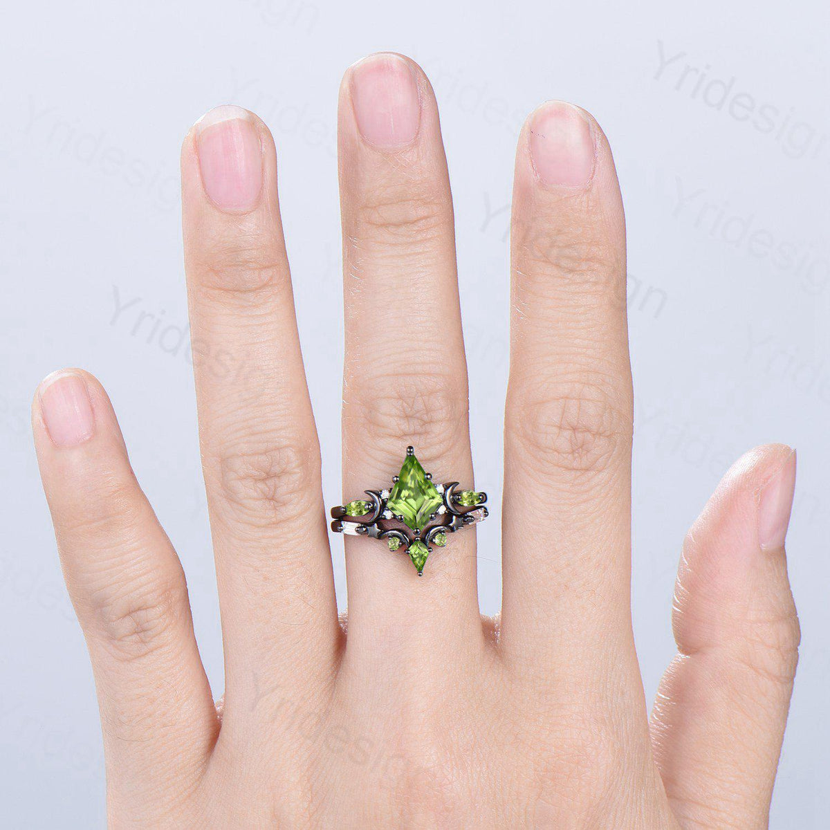 Vintage Kite Cut Peridot Engagement Ring Set Black Gold Unique Moon Star August Birthstone Wedding Ring Set Gothic Promise Anniversary Ring