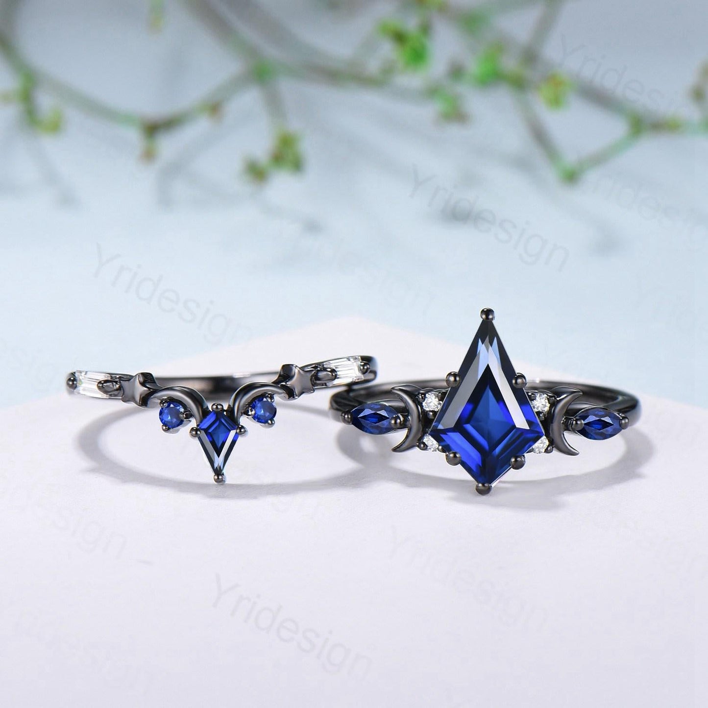 Unique black gold blue sapphire engagement ring set moon star kite cut sapphire wedding ring set elegant gothic anniversary bridal set women