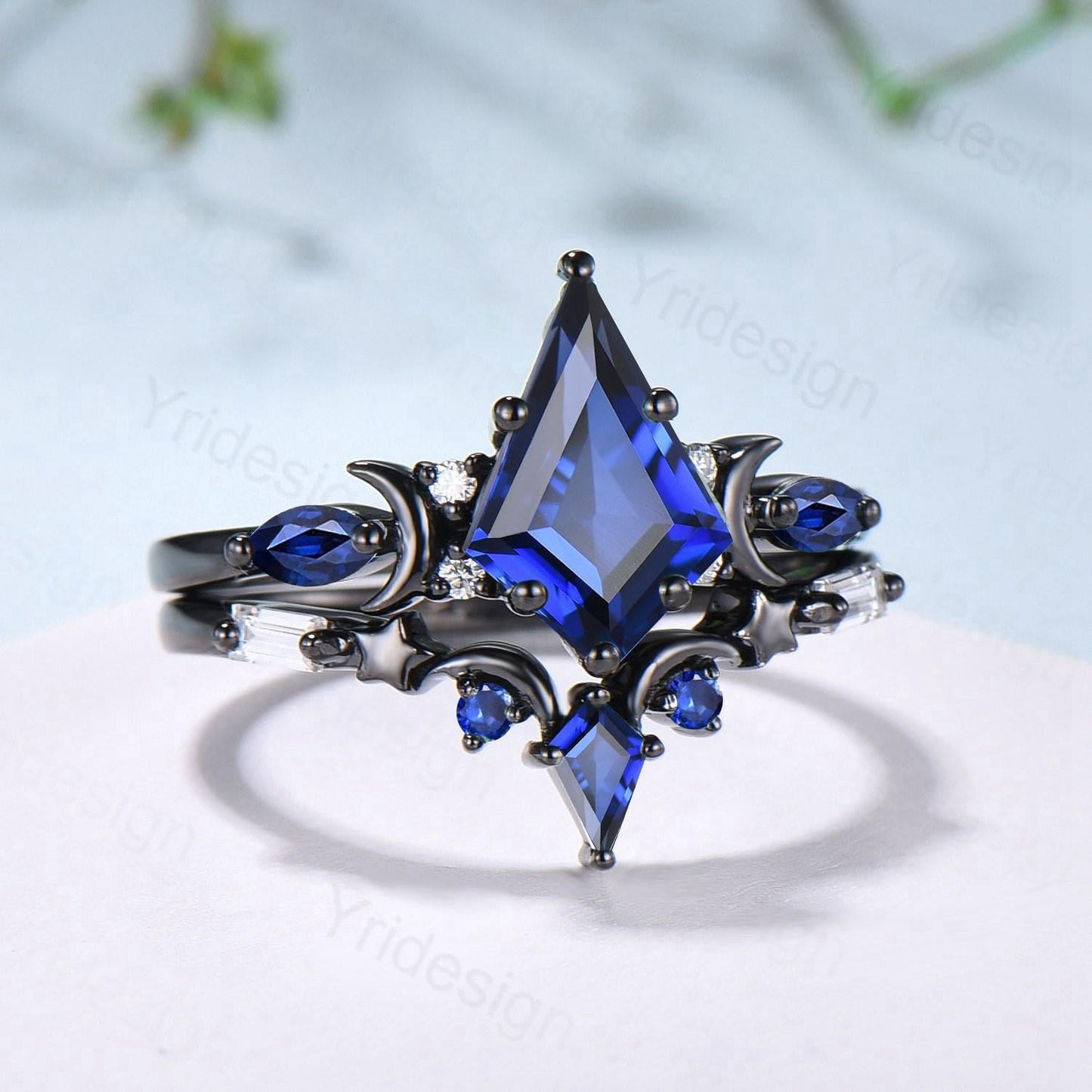 Unique black gold blue sapphire engagement ring set moon star kite cut sapphire wedding ring set elegant gothic anniversary bridal set women