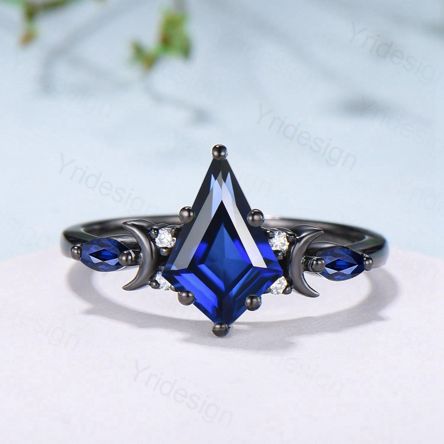 Unique black gold blue sapphire engagement ring set moon star kite cut sapphire wedding ring set elegant gothic anniversary bridal set women