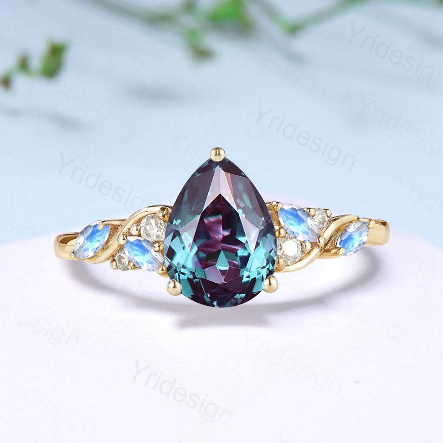 Vintage Pear shaped alexandrite engagement ring cluster marquise moonstone wedding ring June birthstone anniversary jewelry gifts for her