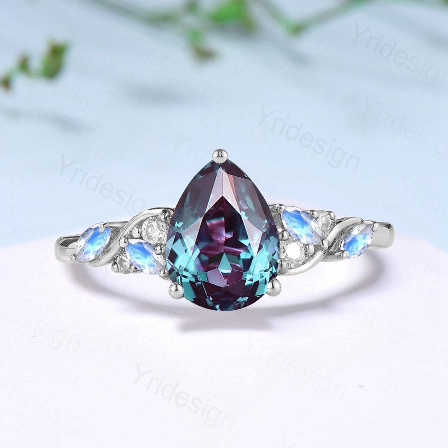 Vintage Pear shaped alexandrite engagement ring cluster marquise moonstone wedding ring June birthstone anniversary jewelry gifts for her