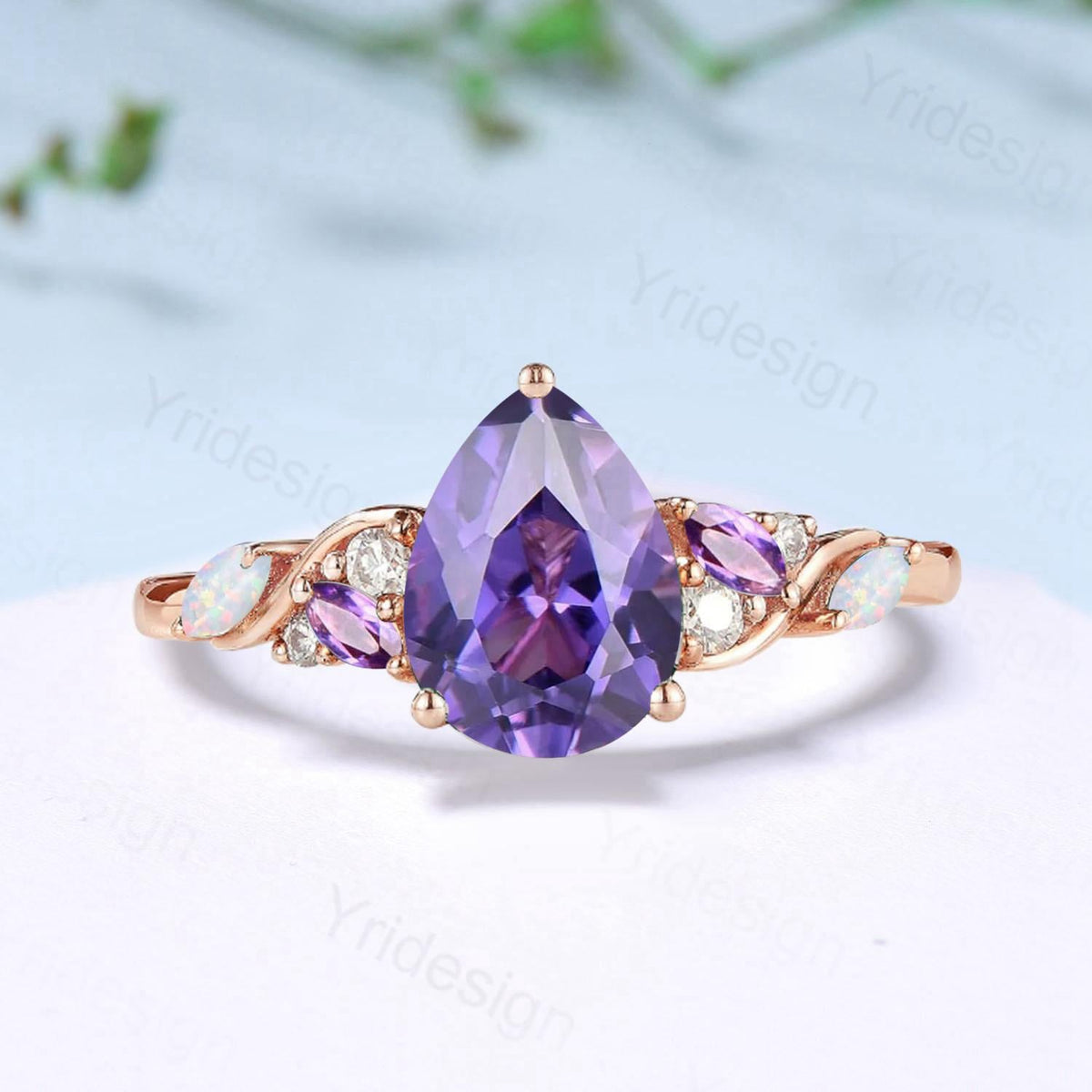 Celestial Tear Purple Sapphire Ring - Deep Purple & Iridescent Opal