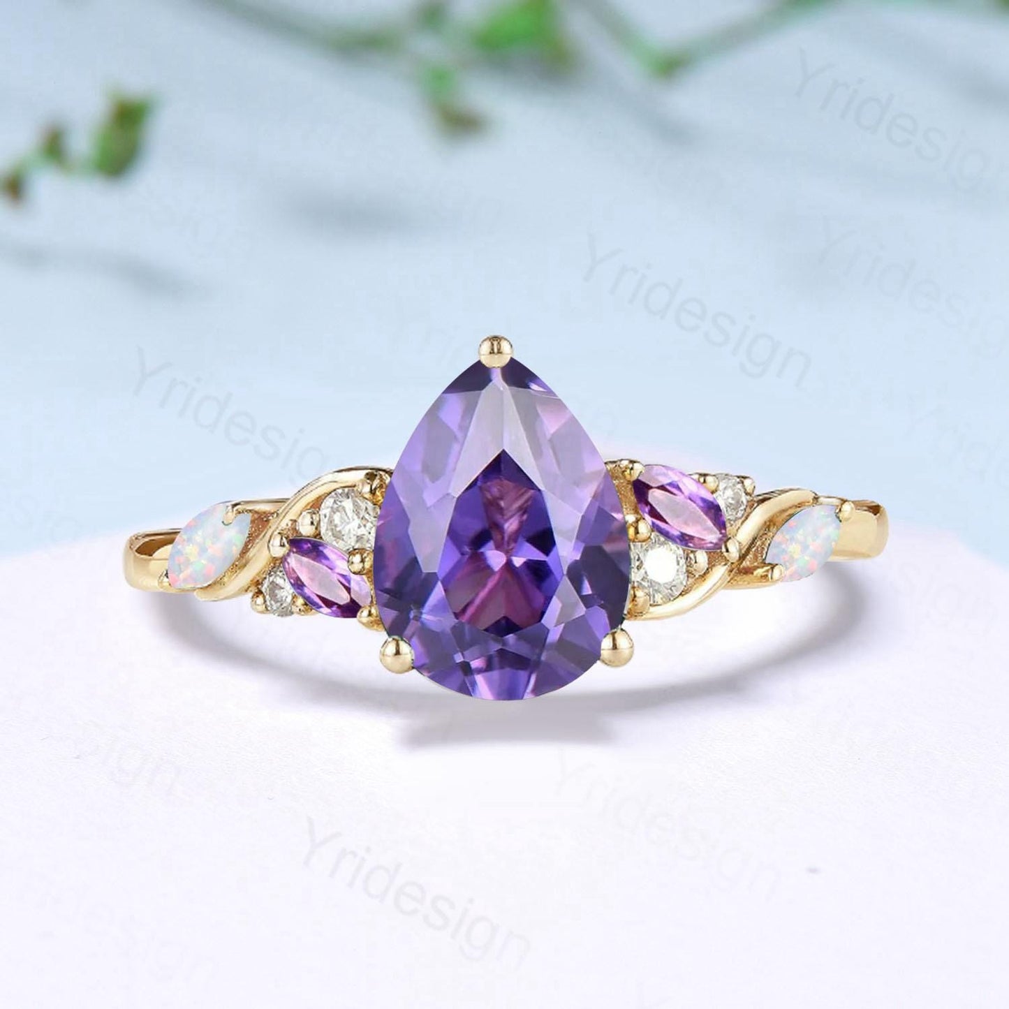 Celestial Tear Purple Sapphire Ring - Deep Purple & Iridescent Opal