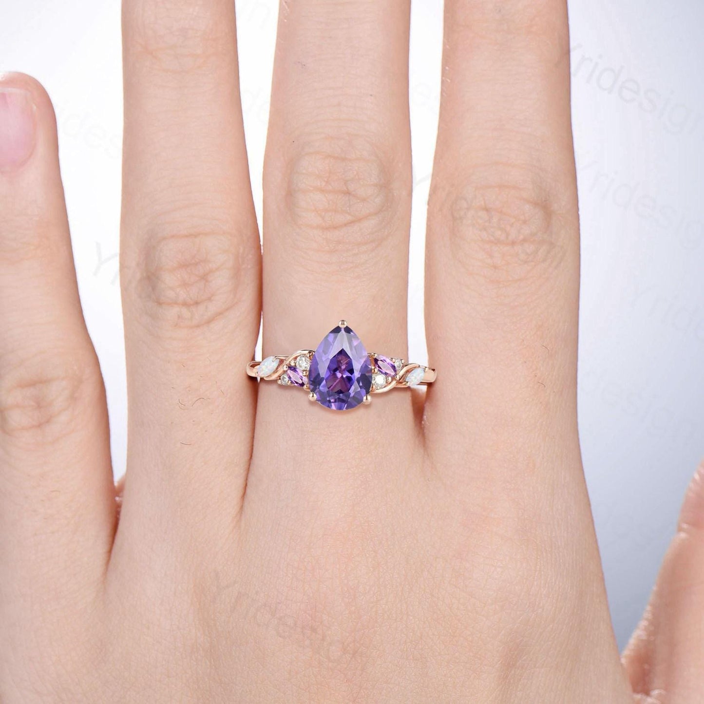 Vintage Pear Shaped Purple Sapphire Engagement Ring Unique Cluster Marquise Opal Amethyst Wedding Ring Her Purple Gemstone Anniversary Ring