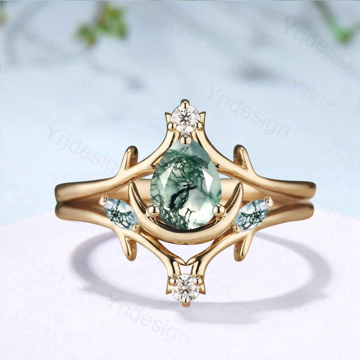Unique Pear Shaped Natural Moss Agate Engagement Ring Set Crescent Moon inspired Wedding Set Branch Stacking Band Art Deco 2pcs Bridal Set