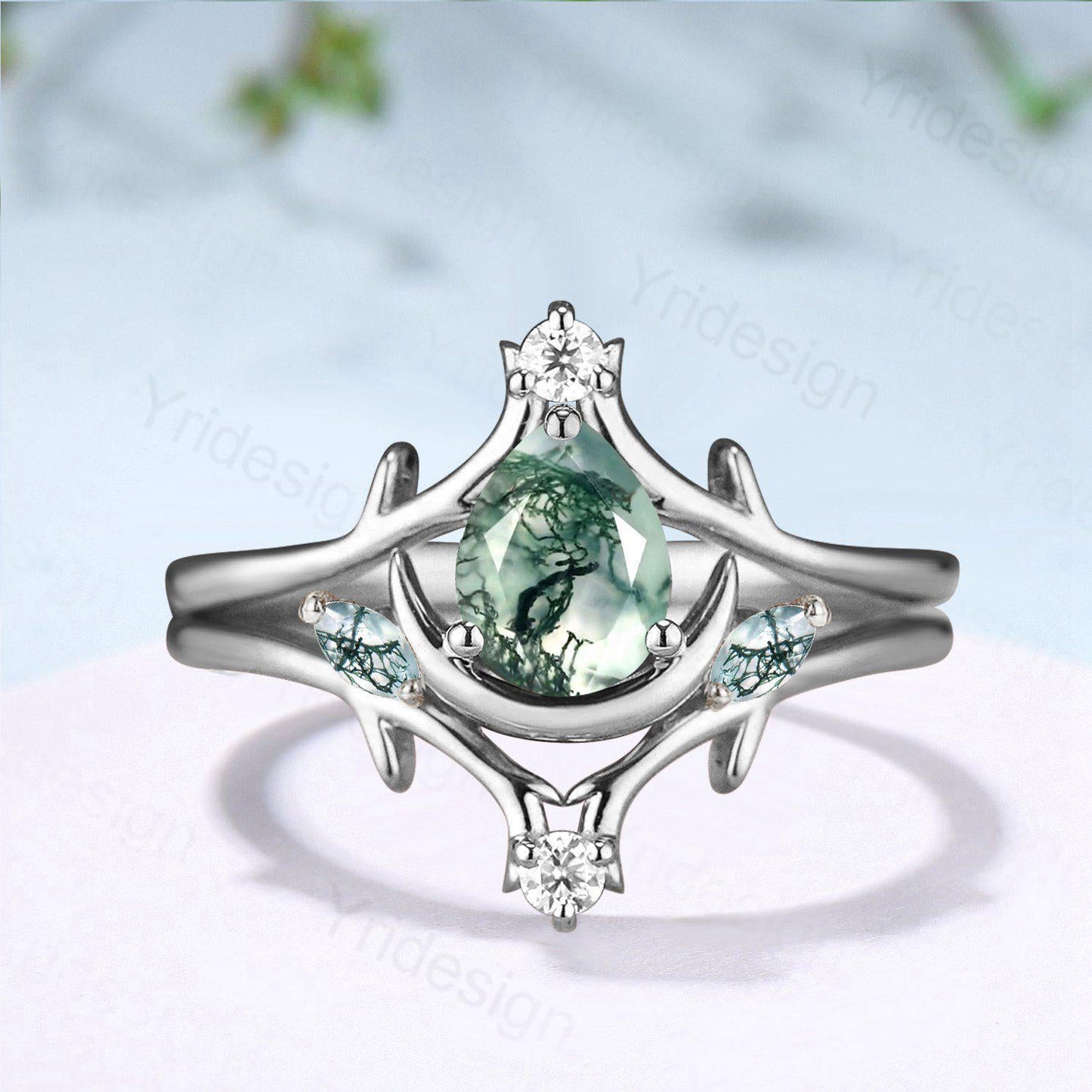 Unique Pear Shaped Natural Moss Agate Engagement Ring Set Crescent Moon inspired Wedding Set Branch Stacking Band Art Deco 2pcs Bridal Set
