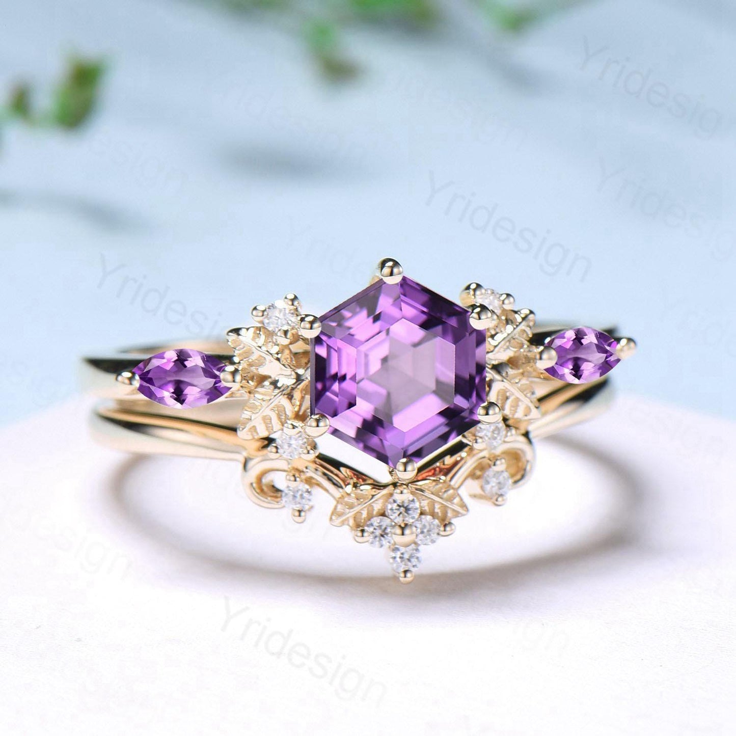 Vintage hexagon cut amethyst engagement ring set 14k yellow gold Nature inspired leaf vine Feb birthstone wedding ring set Anniversary Gifts