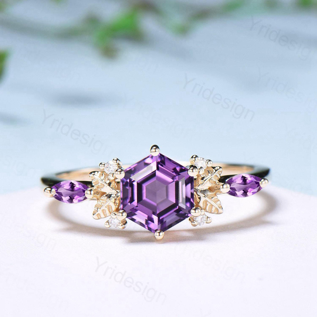 Vintage hexagon cut amethyst engagement ring set 14k yellow gold Nature inspired leaf vine Feb birthstone wedding ring set Anniversary Gifts