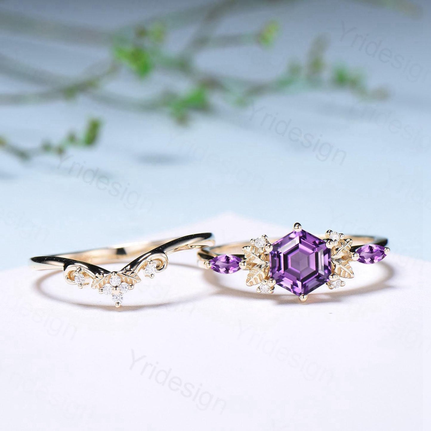 Vintage hexagon cut amethyst engagement ring set 14k yellow gold Nature inspired leaf vine Feb birthstone wedding ring set Anniversary Gifts