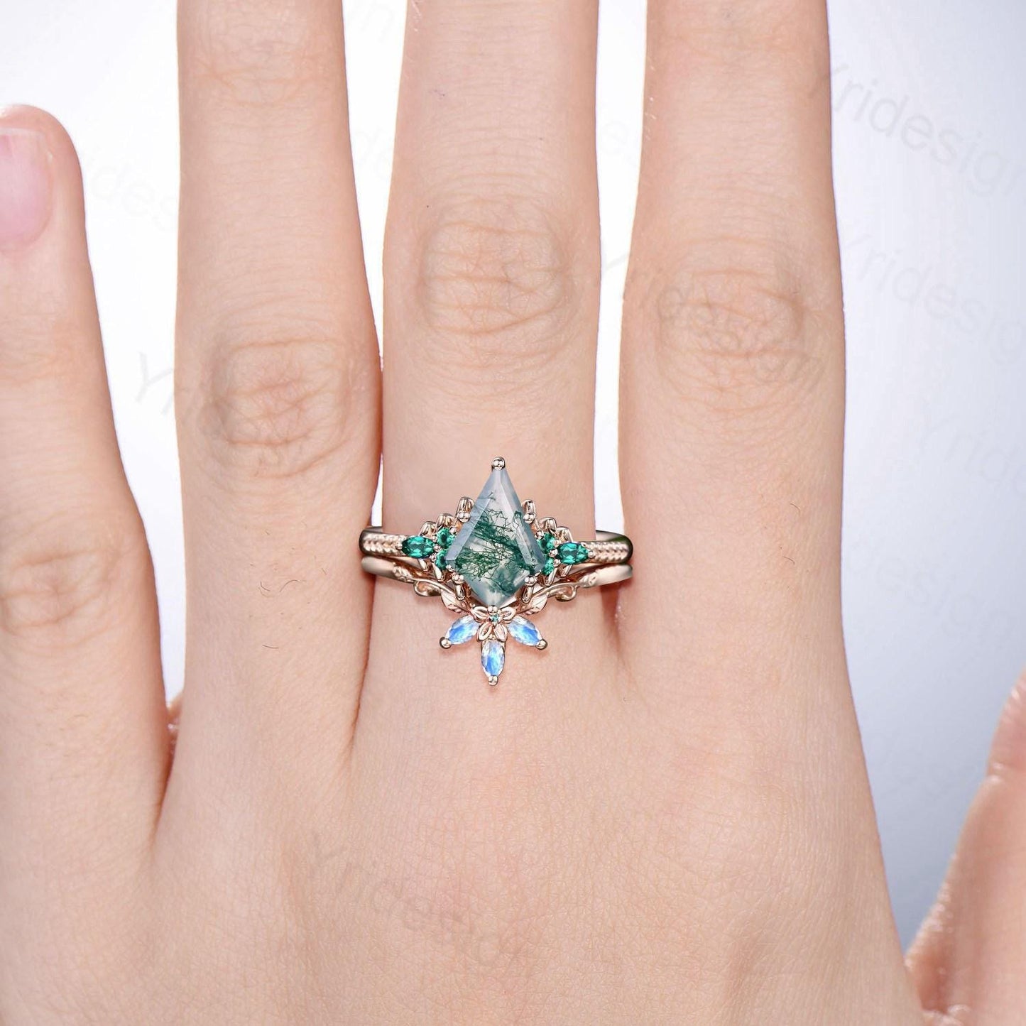 Unique Kite Cut Natural Moss Agate Engagement Ring Set Green Agate Emerald Wedding Set Vintage Marquise Moonstone Stacking Band Bridal Set