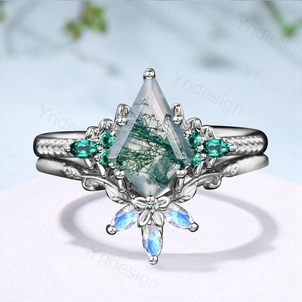 Unique Kite Cut Natural Moss Agate Engagement Ring Set Green Agate Emerald Wedding Set Vintage Marquise Moonstone Stacking Band Bridal Set