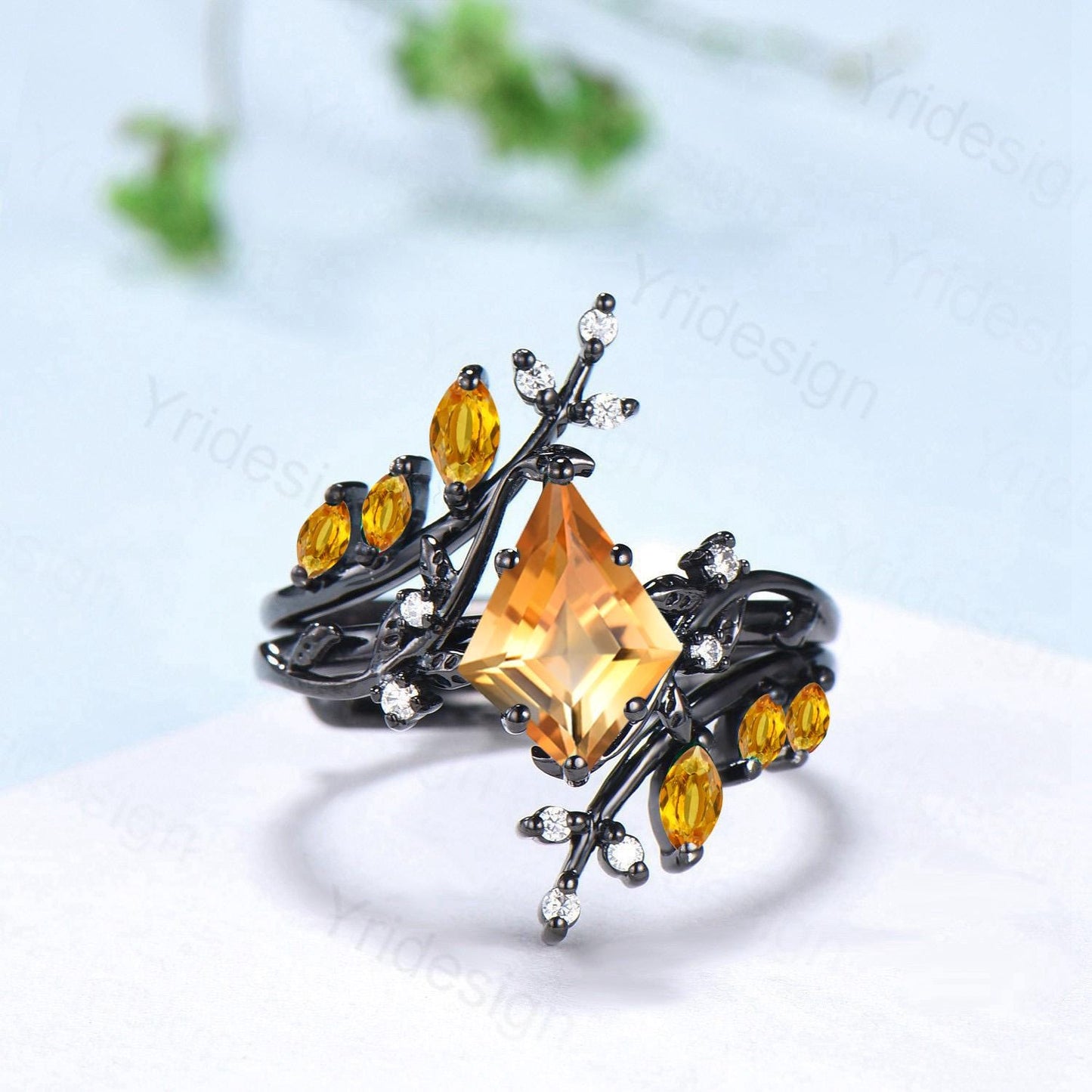 Unique gothic kite cut citrine engagement ring set black gold cluster engagement ring nature inspired cute citrine wedding set mother's gift