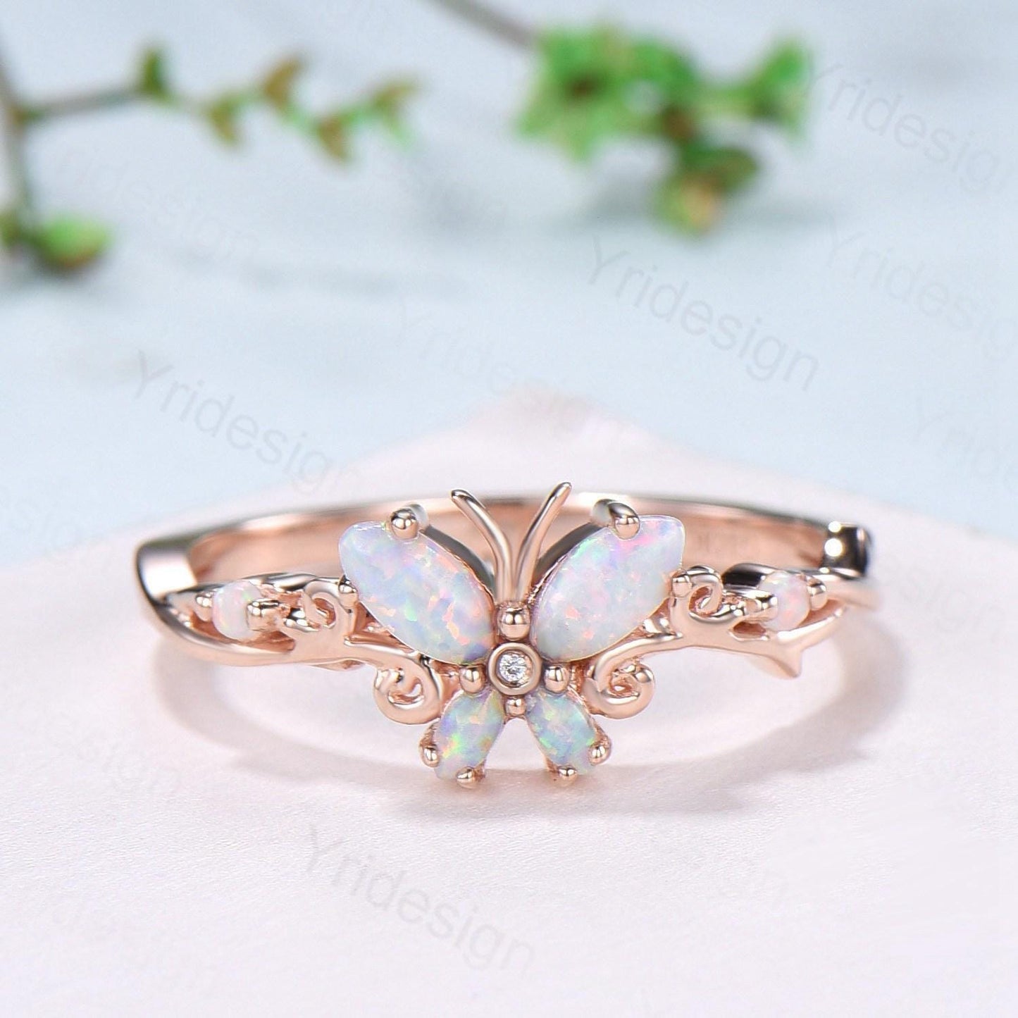 Dainty Butterfly fire opal wedding ring vintage marquise white opal engagement ring silver 14k rose gold custom anniversary gift  for women