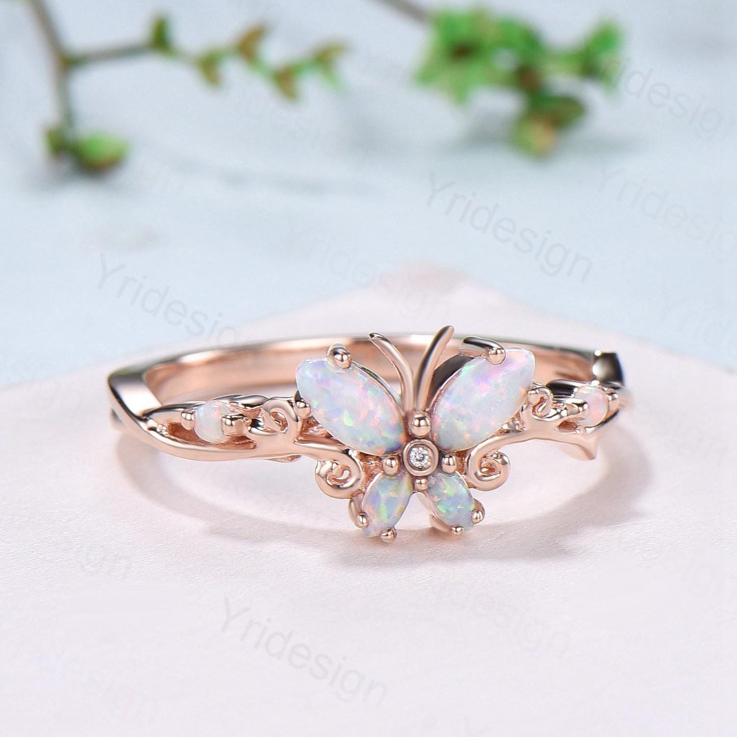 Dainty Butterfly fire opal wedding ring vintage marquise white opal engagement ring silver 14k rose gold custom anniversary gift  for women