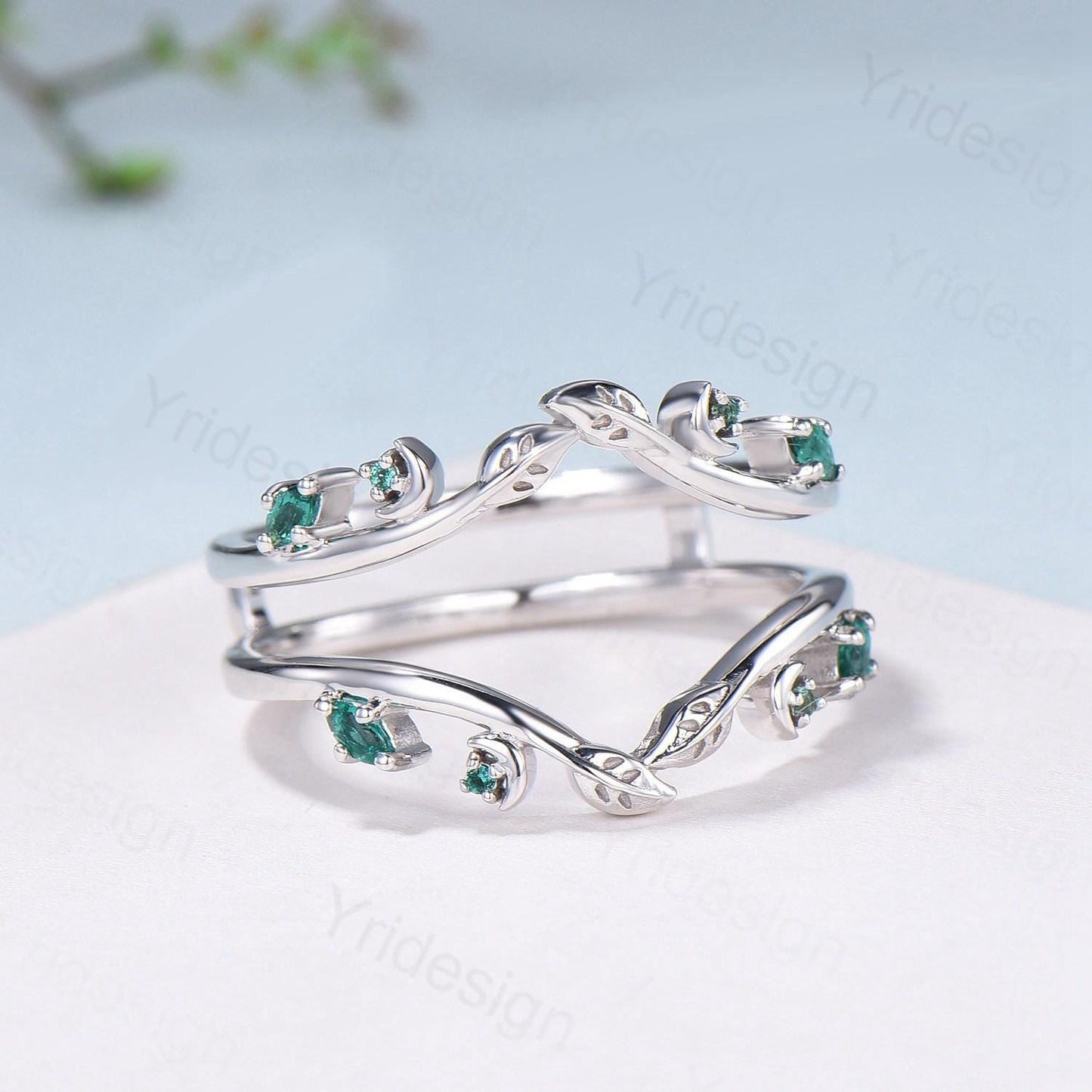 Elegant Emerald Enhancer Wedding Band Leaf Vine Ladies Wedding Ring Women Unique Nature Inspired Stacking Matching Ring Anniversary Gifts