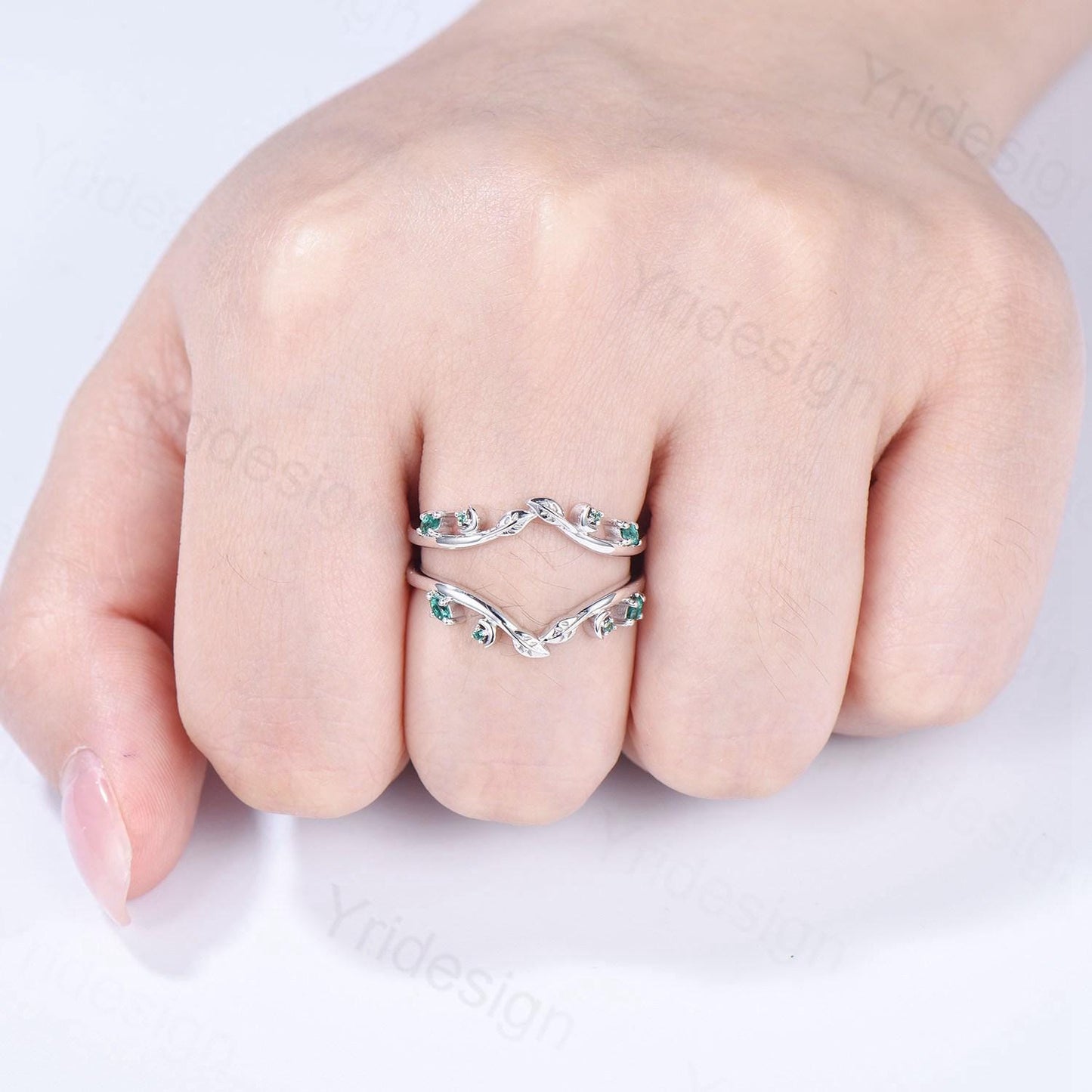 Elegant Emerald Enhancer Wedding Band Leaf Vine Ladies Wedding Ring Women Unique Nature Inspired Stacking Matching Ring Anniversary Gifts