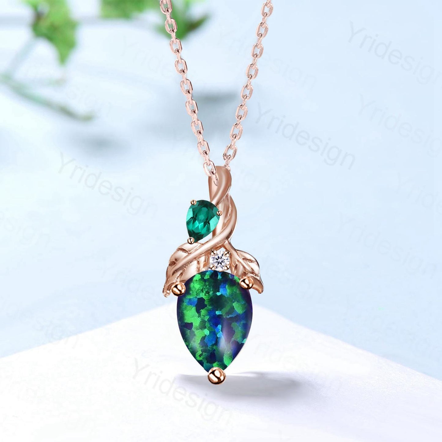 Unique Pear Shaped Blue Opal Pendant Necklace Nature Inspired Leaves Emerald Pendant Branch Leaf Vine Necklace Anniversary gift for Daughter