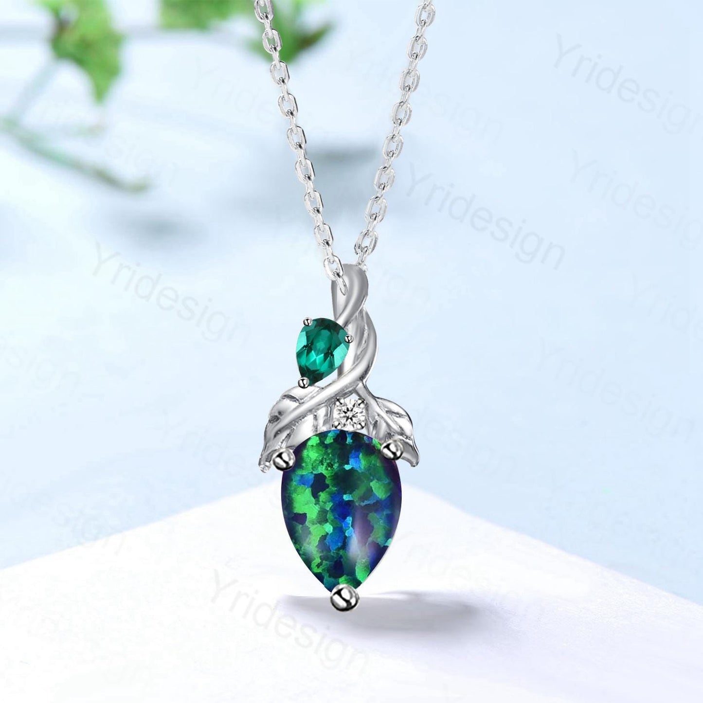 Unique Pear Shaped Blue Opal Pendant Necklace Nature Inspired Leaves Emerald Pendant Branch Leaf Vine Necklace Anniversary gift for Daughter