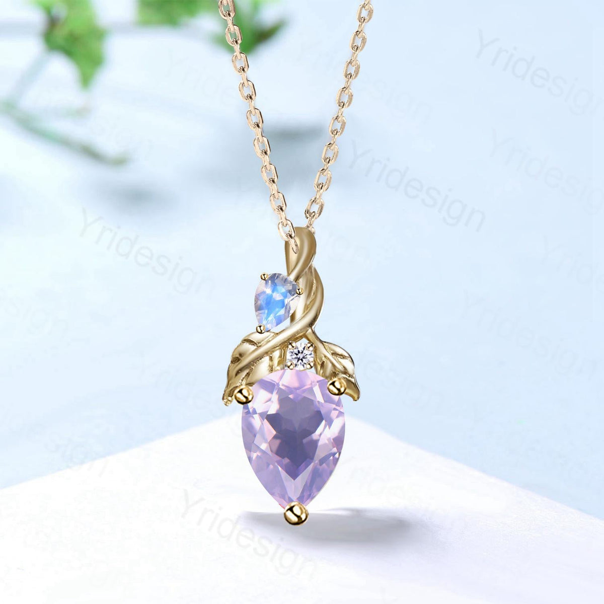 Unique Pear Shaped Lavender Amethyst Pendant Necklace Nature Inspired Leaves Moonstone Necklace Branch Leaf Vine Necklace Anniversary gifts