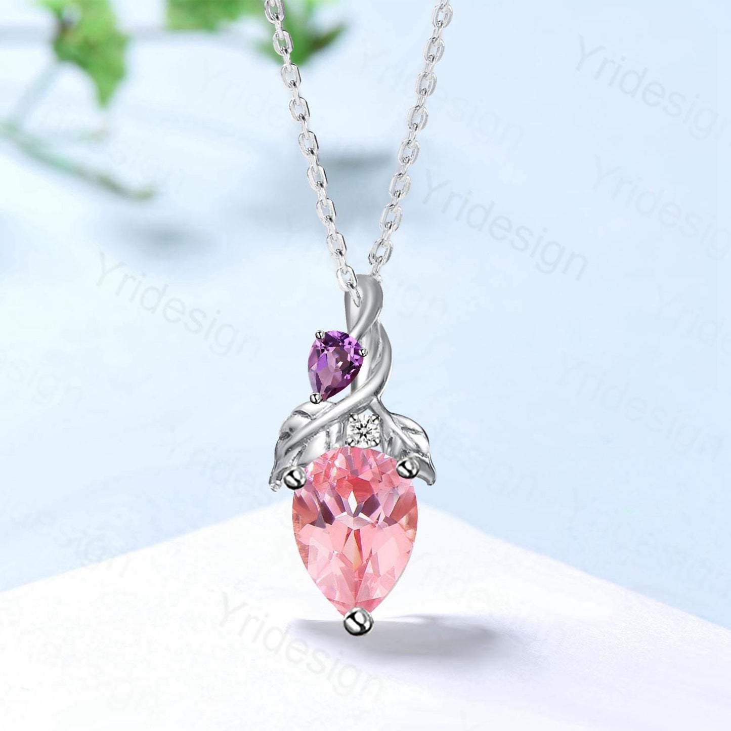 Unique Pear Shaped Padparadscha Sapphire Pendant Necklace Nature Inspired Leaves Necklace Amethyst Leaf Vine Anniversary gift for Daughter