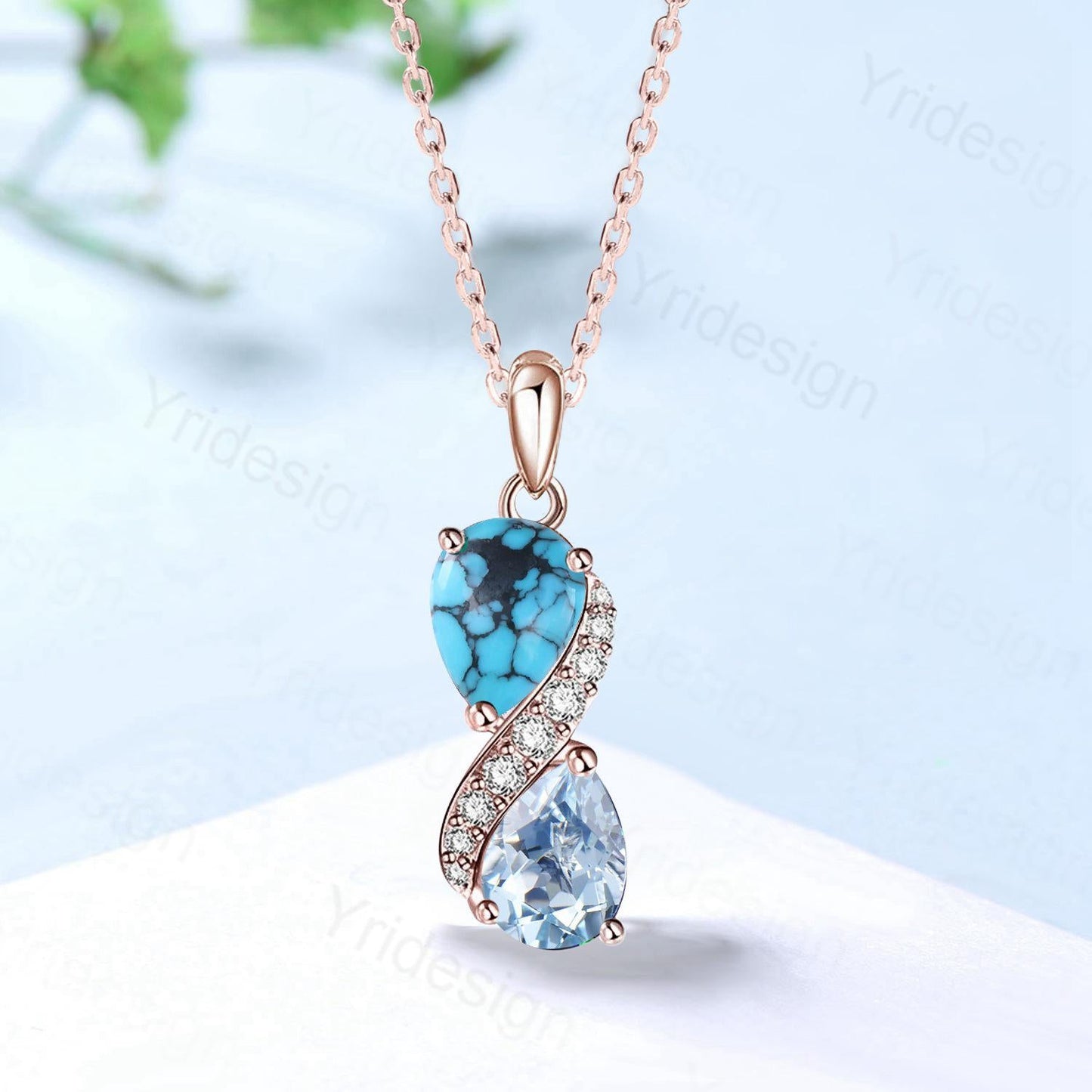 Aquamarine Turquoise Toi et Moi Necklace, Double Pear Cut, Handmade Gold Pendant