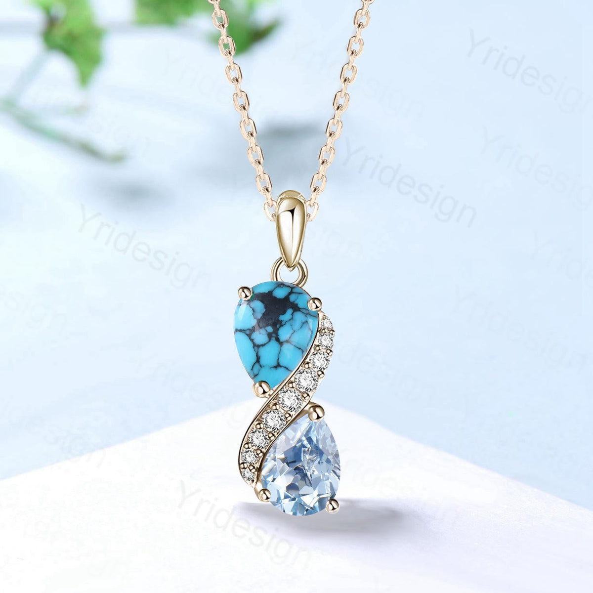 Aquamarine Turquoise Toi et Moi Necklace, Double Pear Cut, Handmade Gold Pendant