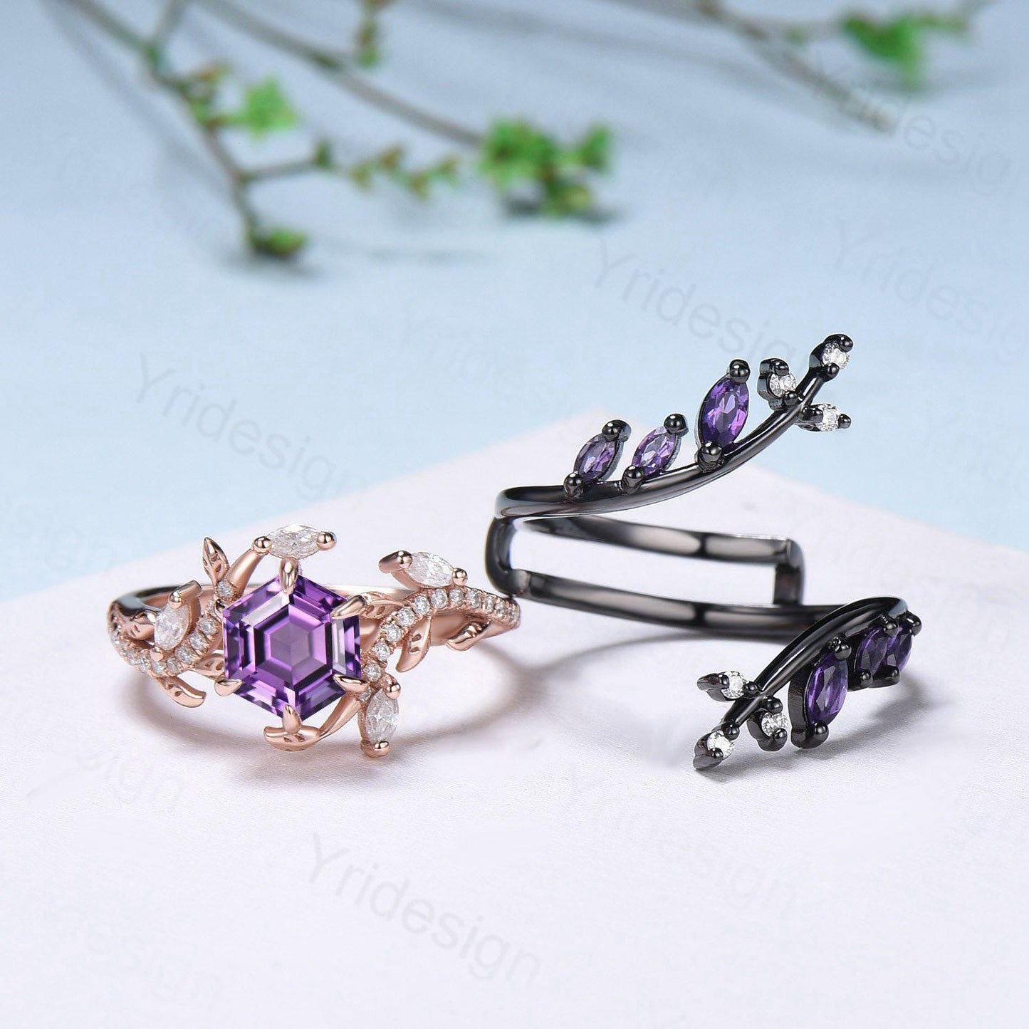 Nature Inspired hexagon amethyst engagement ring set black gold unique snake marquise cut purple gemstone ring bridal wedding set for women