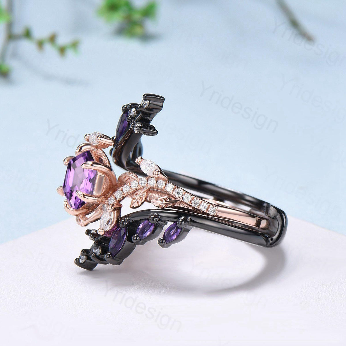 Nature Inspired hexagon amethyst engagement ring set black gold unique snake marquise cut purple gemstone ring bridal wedding set for women
