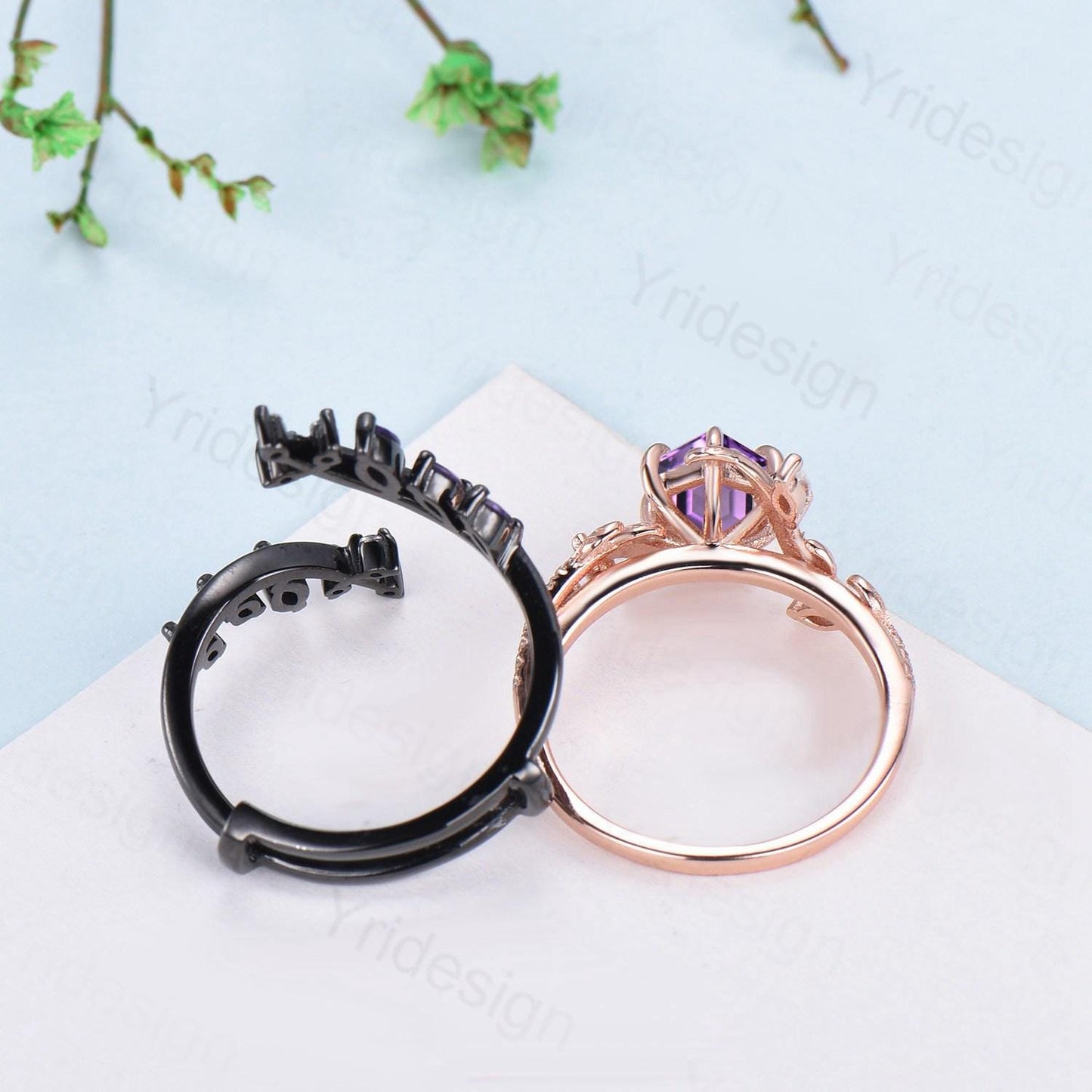 Nature Inspired hexagon amethyst engagement ring set black gold unique snake marquise cut purple gemstone ring bridal wedding set for women