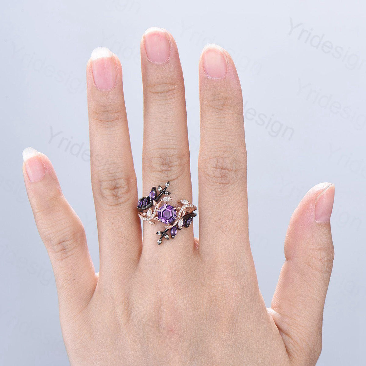 Nature Inspired hexagon amethyst engagement ring set black gold unique snake marquise cut purple gemstone ring bridal wedding set for women