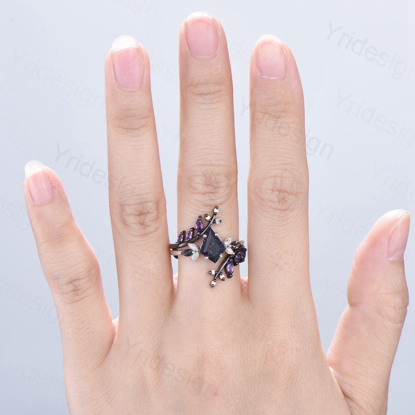 Kite Blue Sandstone Ring Set, Marquise Rutilated Quartz, Art Deco Bridal Ring