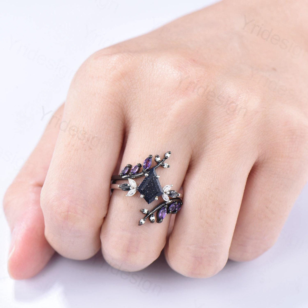Kite Blue Sandstone Ring Set, Marquise Rutilated Quartz, Art Deco Bridal Ring