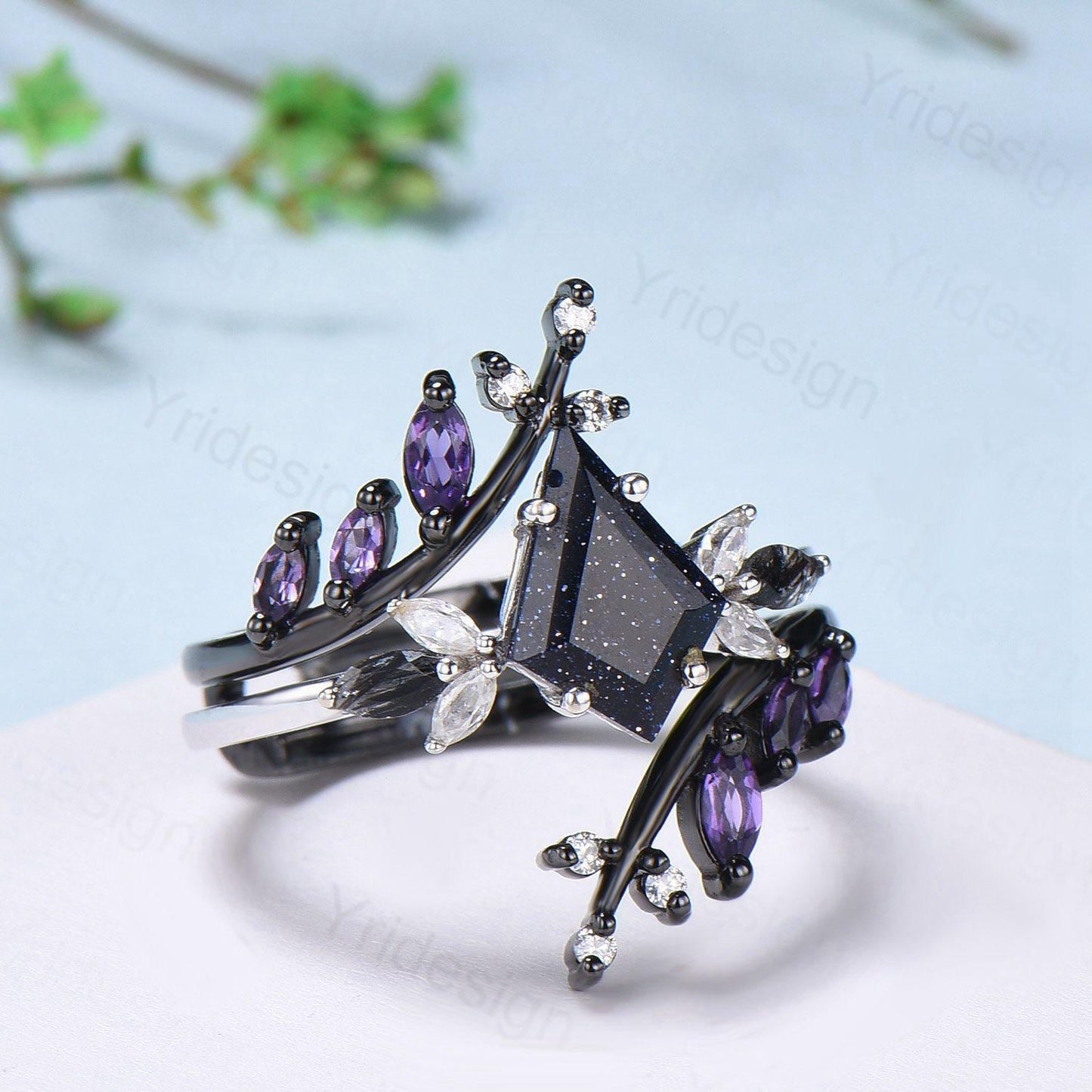 Kite Blue Sandstone Ring Set, Marquise Rutilated Quartz, Art Deco Bridal Ring