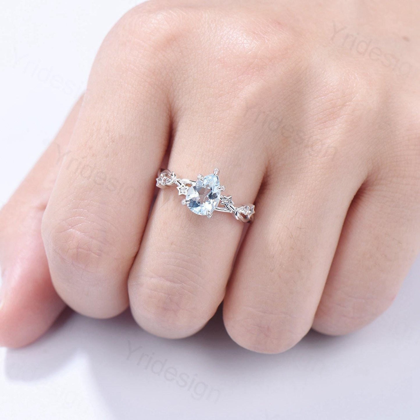 Vintage Natural Aquamarine Engagement Ring Pear Shaped 14K White Gold Moon Star Wedding Ring March Birthstone Moonstone Promise Ring Women