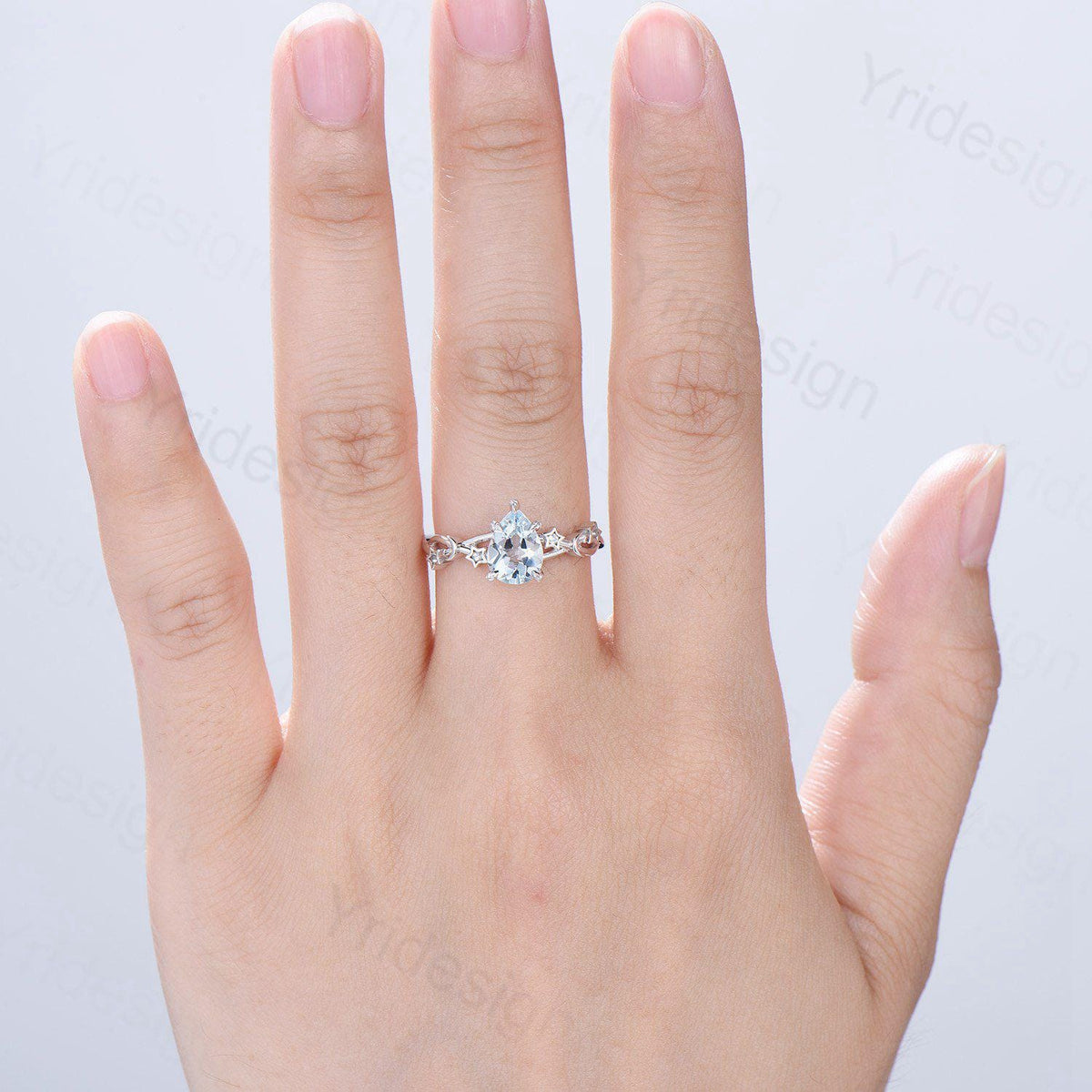 Vintage Natural Aquamarine Engagement Ring Pear Shaped 14K White Gold Moon Star Wedding Ring March Birthstone Moonstone Promise Ring Women