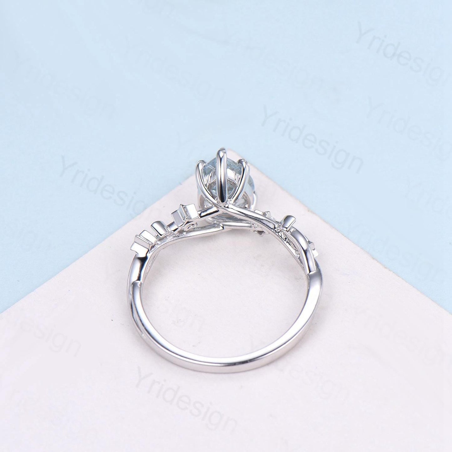 Vintage Natural Aquamarine Engagement Ring Pear Shaped 14K White Gold Moon Star Wedding Ring March Birthstone Moonstone Promise Ring Women