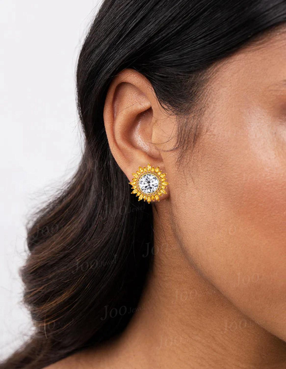 Round Moissanite Sunflower Earrings/Necklace Marquise Cut Natural Citrine Halo Stud Earrings Summer Beach Vacation Jewelry for Women