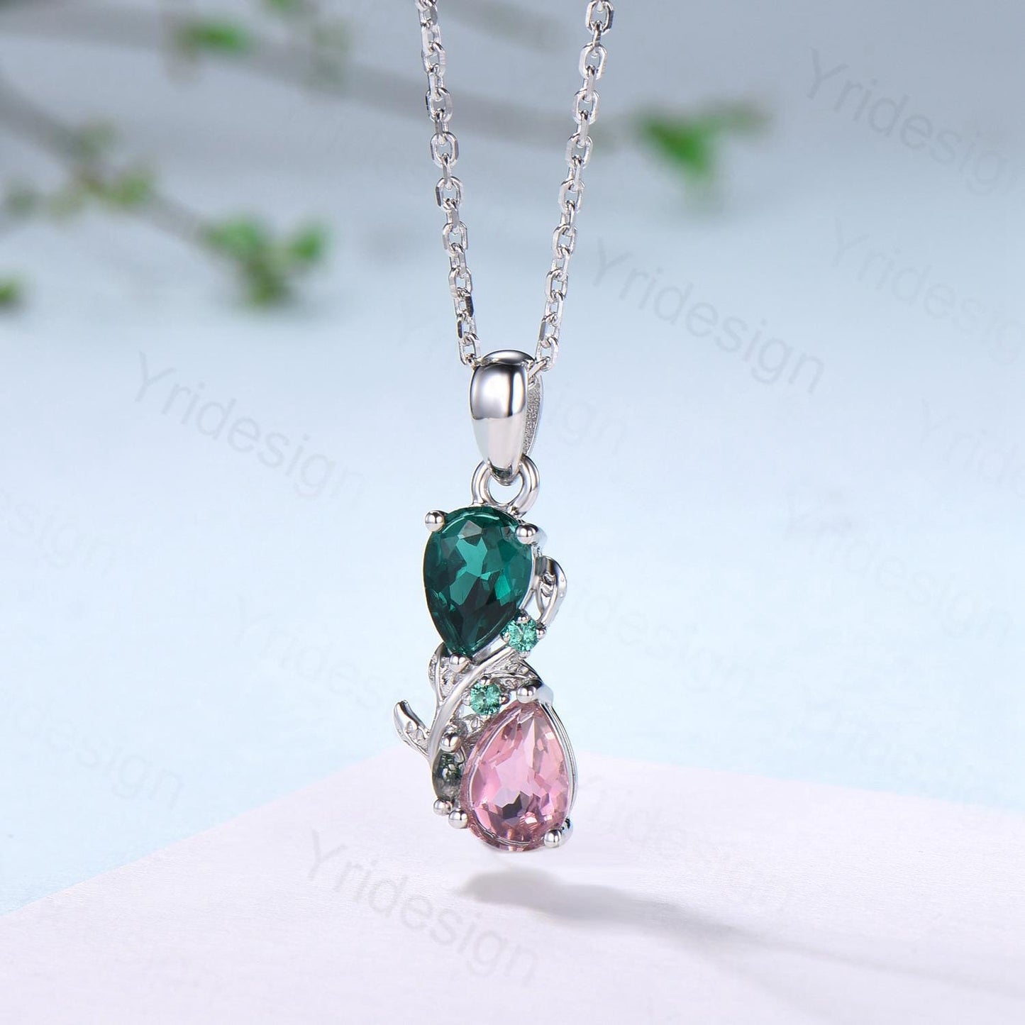 Nature Inspired Pink Tourmaline Emerald Pendant Necklace Women Unique Alternative Moss Agate Necklace Branch Snake pear shaped leafy pendant