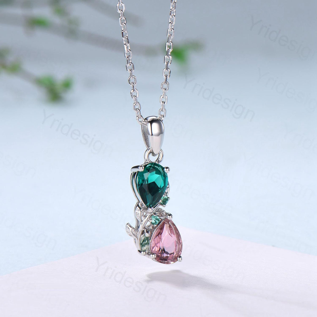 Nature Inspired Pink Tourmaline Emerald Pendant Necklace Women Unique Alternative Moss Agate Necklace Branch Snake pear shaped leafy pendant