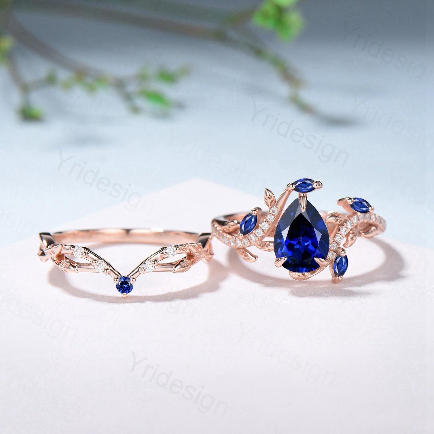 Nature Inspired Pear Shaped Blue Sapphire Engagement Ring Set Snake Marquise Sapphire Wedding Bridal Ring Set Twig Vine Promise Ring