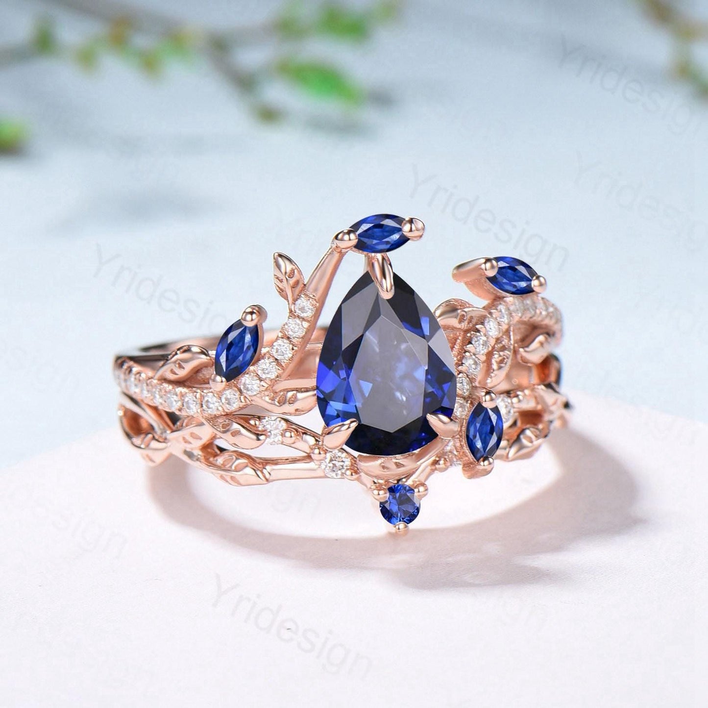 Nature Inspired Pear Shaped Blue Sapphire Engagement Ring Set Snake Marquise Sapphire Wedding Bridal Ring Set Twig Vine Promise Ring