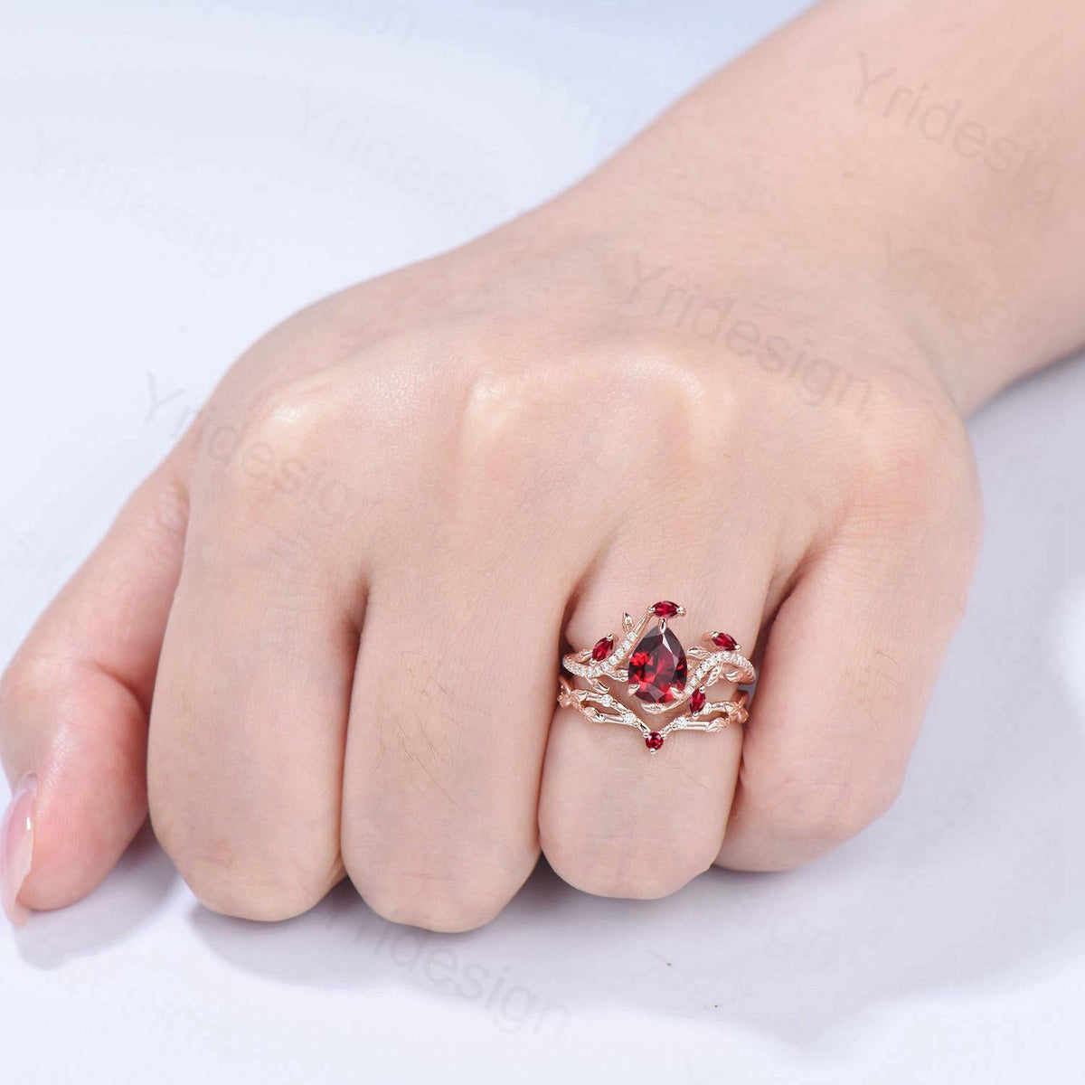 Nature Inspired Pear Shaped Ruby Engagement Ring Set Snake Marquise Ruby Wedding Ring Art Deco Bridal Set Twig Vine Leafy Anniversary Ring