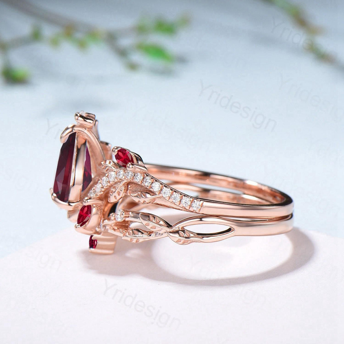 Nature Inspired Pear Shaped Ruby Engagement Ring Set Snake Marquise Ruby Wedding Ring Art Deco Bridal Set Twig Vine Leafy Anniversary Ring
