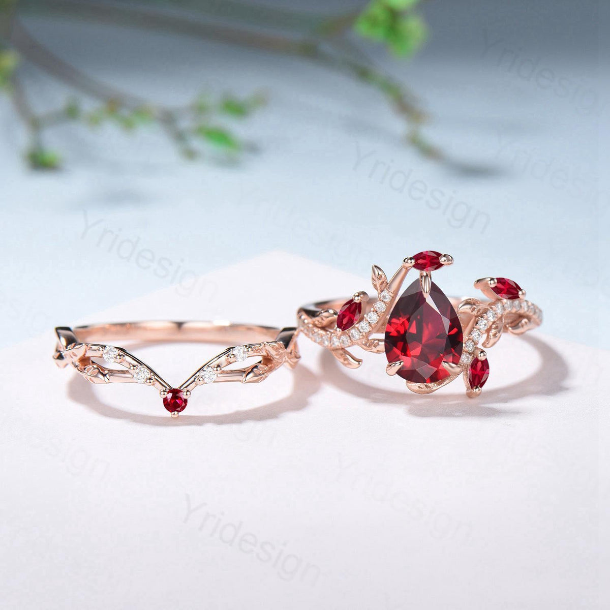 Nature Inspired Pear Shaped Ruby Engagement Ring Set Snake Marquise Ruby Wedding Ring Art Deco Bridal Set Twig Vine Leafy Anniversary Ring
