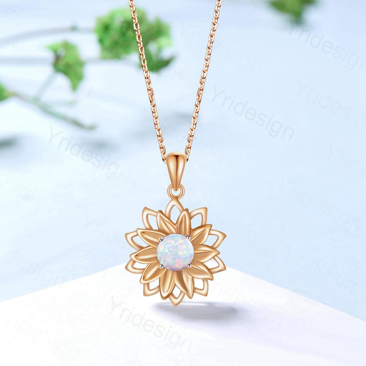 Vintage Sunflower White Opal Pendant Necklace fire opal leafy necklace elegant spinner pendant October birthstone anniversary gifts for mom